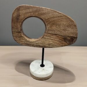 Modernist Abstract Mango Wood Free Form Cirucular Cutout On Mable Wood Stand